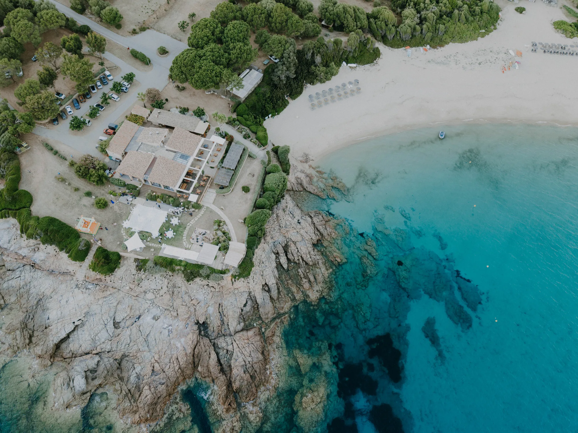 Aerial view of Arone bay and its turquoise water, near Piana, Corsica